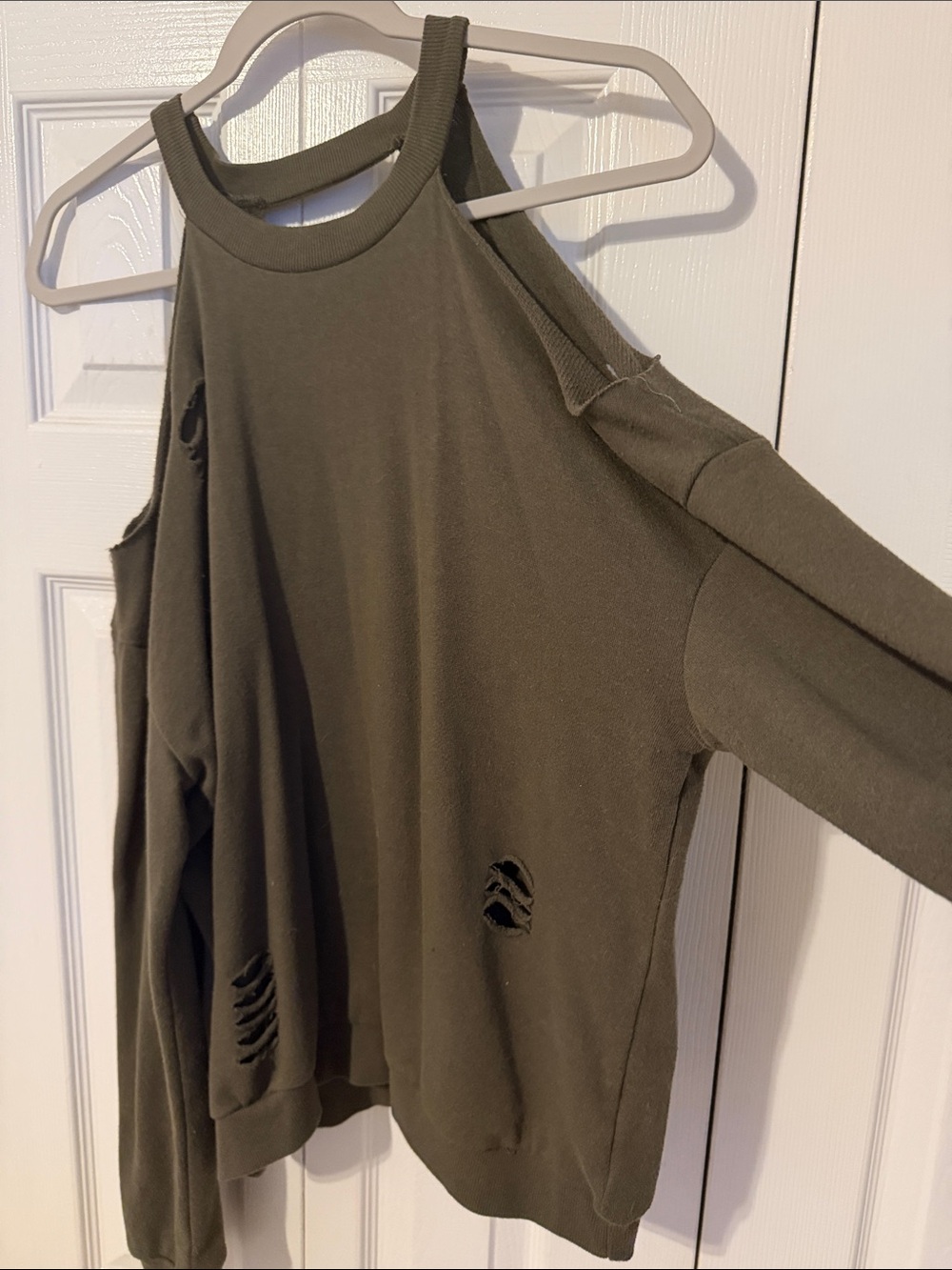 Derek Heart Olive Cold-Shoulder Distressed Sweatshirt